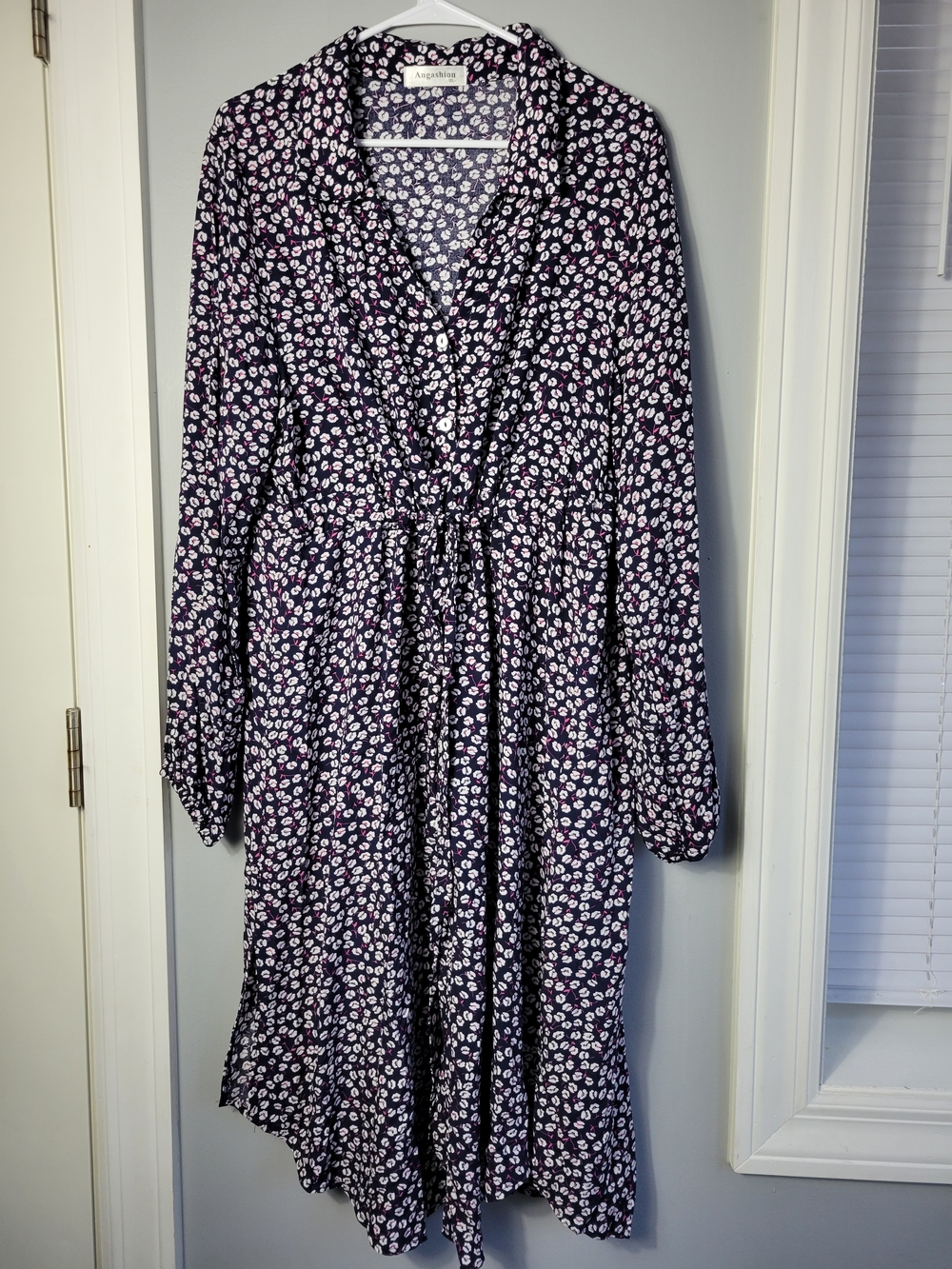 Angie Navy Floral Button-Front Midi Dress with Drawstring Waist